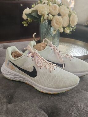 Nike Women’s Running Shoes - White with Black Swoosh and Pink Laces